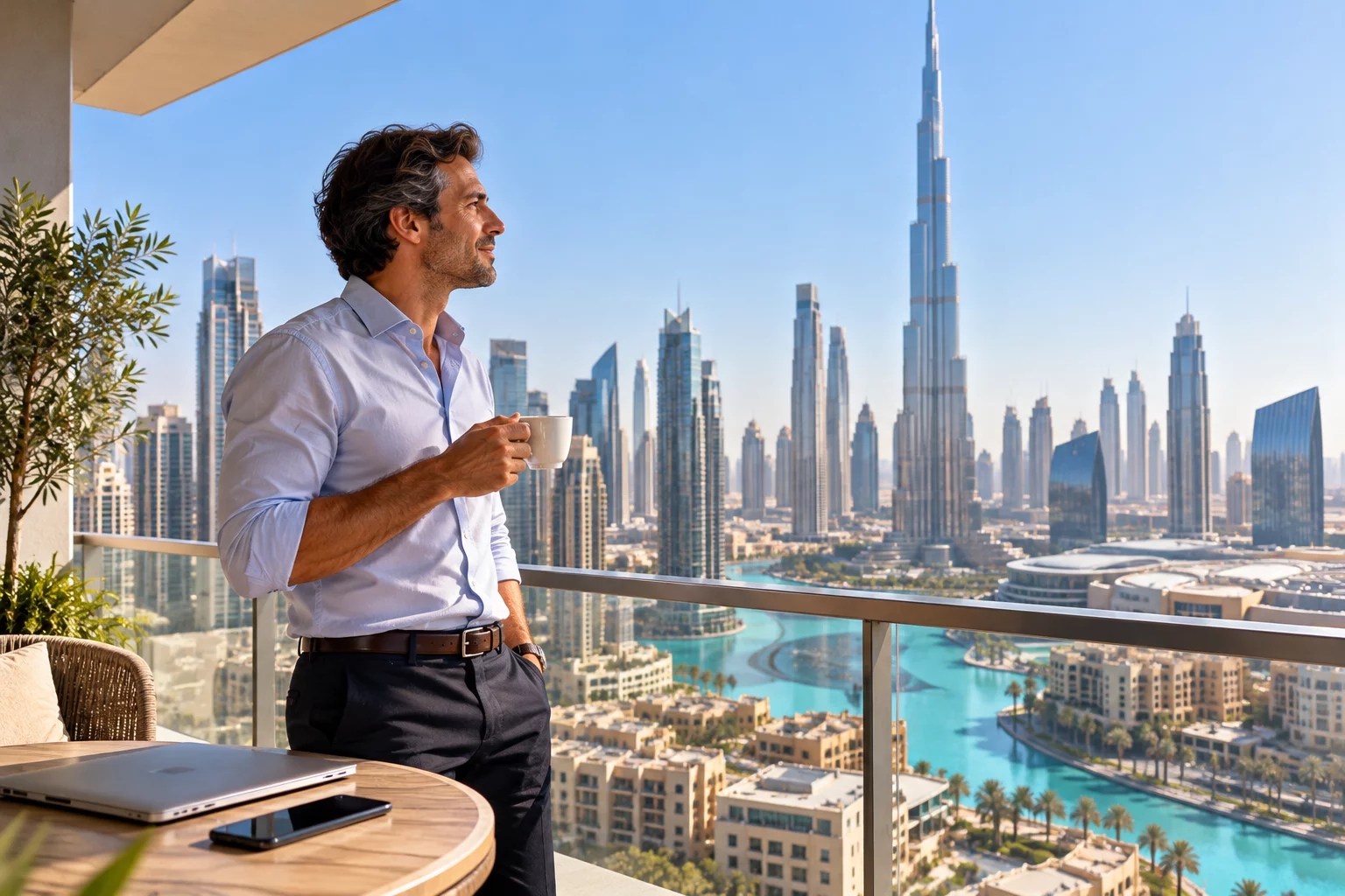 Homme en chemise claire, une tasse de caf&eacute; &agrave; la main, sur le balcon d'un appartement &agrave; Duba&iuml;, face &agrave; la Burj Khalifa et &agrave; la skyline sous un ciel bleu