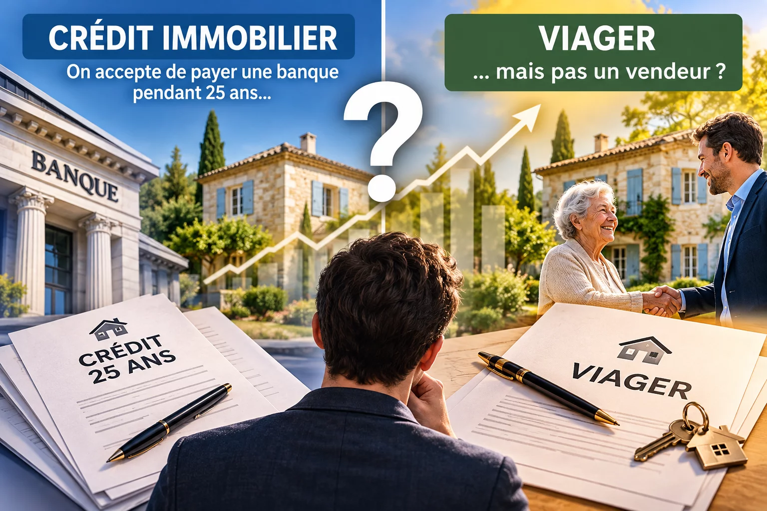 Illustration en deux parties : &agrave; gauche, une banque et un contrat de cr&eacute;dit sur 25 ans ; &agrave; droite, une dame &acirc;g&eacute;e serrant la main d'un homme devant une maison en pierre, avec un contrat de viager et des cl&eacute;s