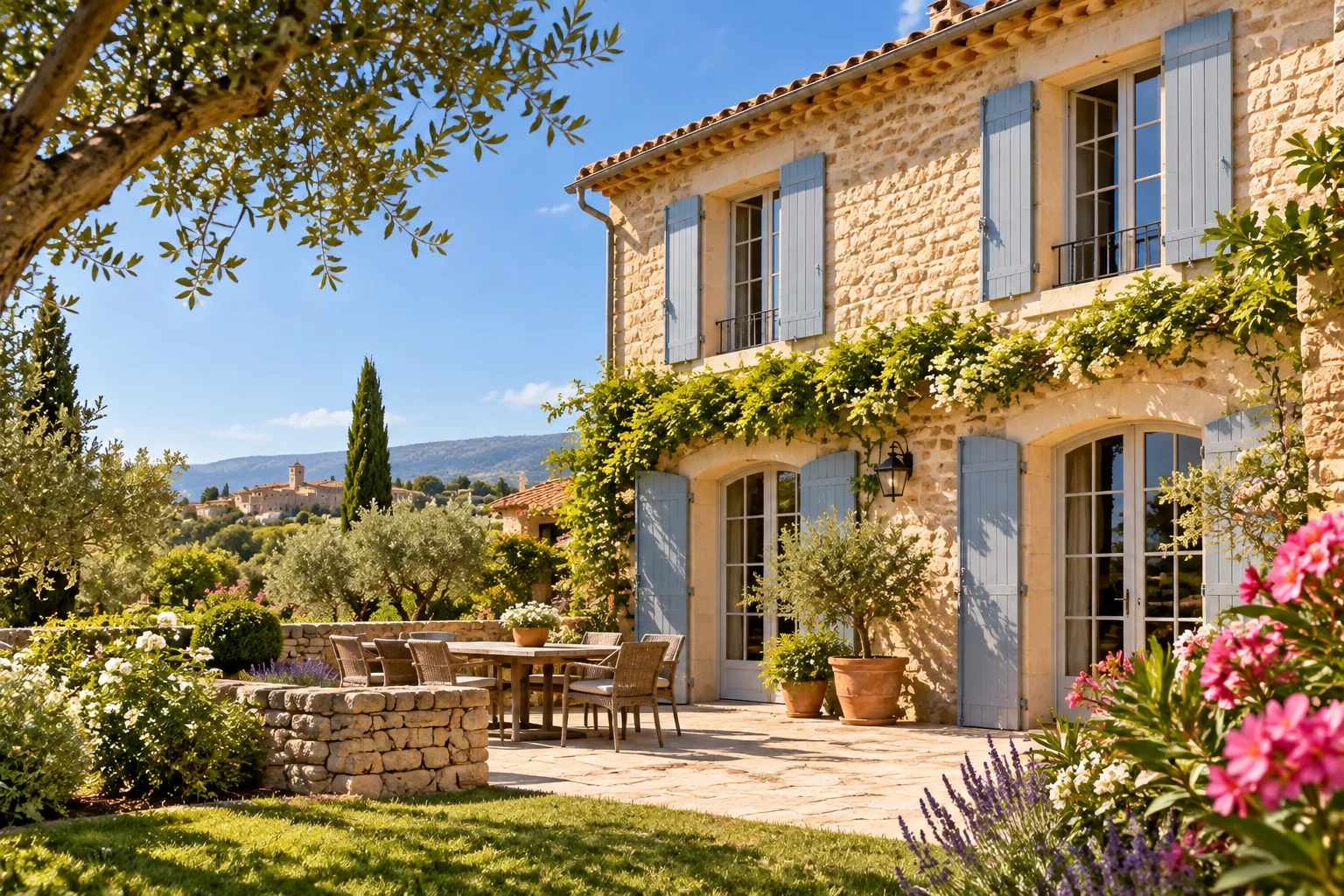 Maison en pierre aux volets bleu lavande, terrasse ombragée, oliviers et lauriers-roses, avec un village perché à l'horizon