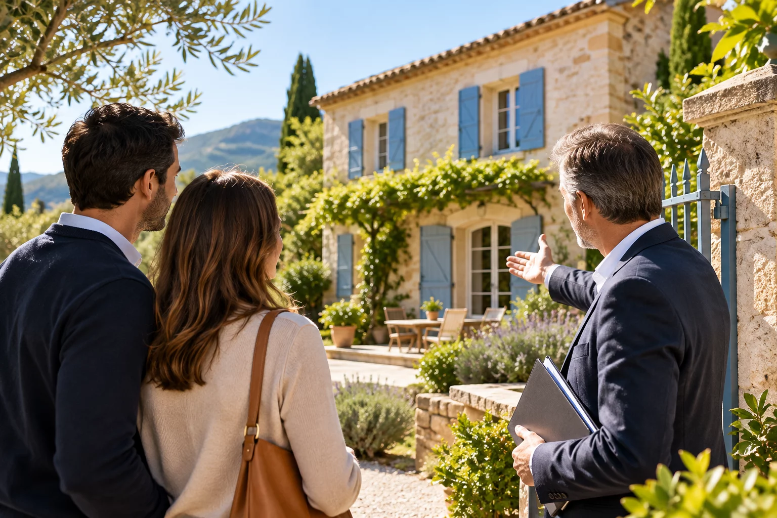 Un professionnel de l'immobilier pr&eacute;sente une maison en pierre aux volets bleus &agrave; un couple, devant le portail d'un jardin m&eacute;diterran&eacute;en