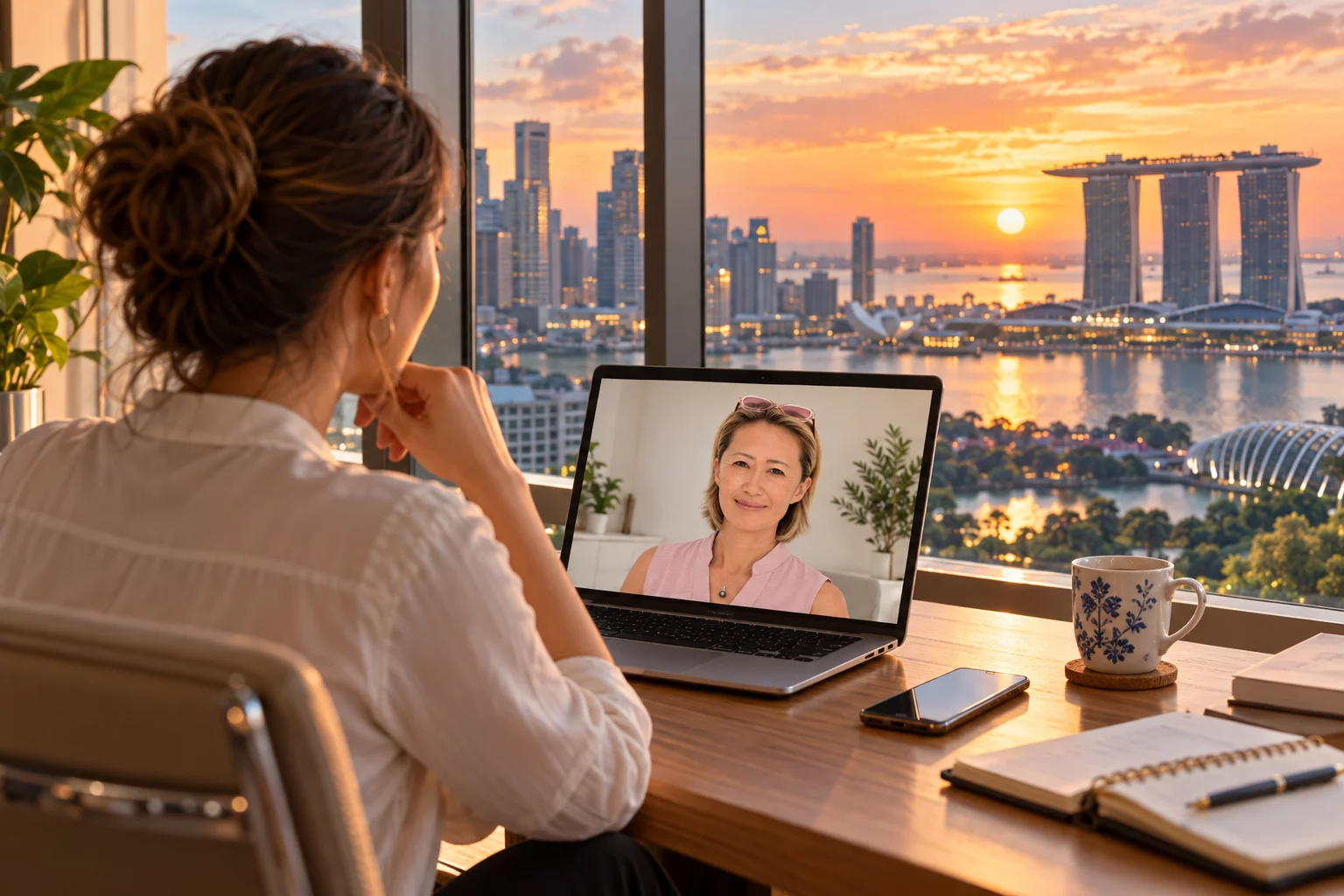 Femme en visioconf&eacute;rence avec Sakura B&eacute;guin de VIAGER INVEST depuis un appartement de Singapour, face &agrave; la baie et &agrave; l'h&ocirc;tel Marina Bay Sands au coucher du soleil
