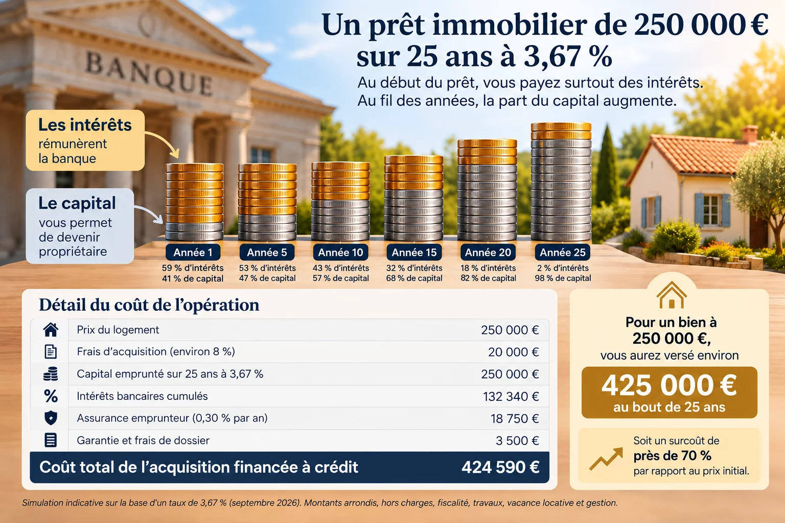 Infographie d'un pr&ecirc;t immobilier de 250 000 &euro; sur 25 ans &agrave; 3,67 % : r&eacute;partition entre int&eacute;r&ecirc;ts et capital selon les ann&eacute;es et d&eacute;tail du co&ucirc;t de l'op&eacute;ration, soit 424 590 &euro; au total