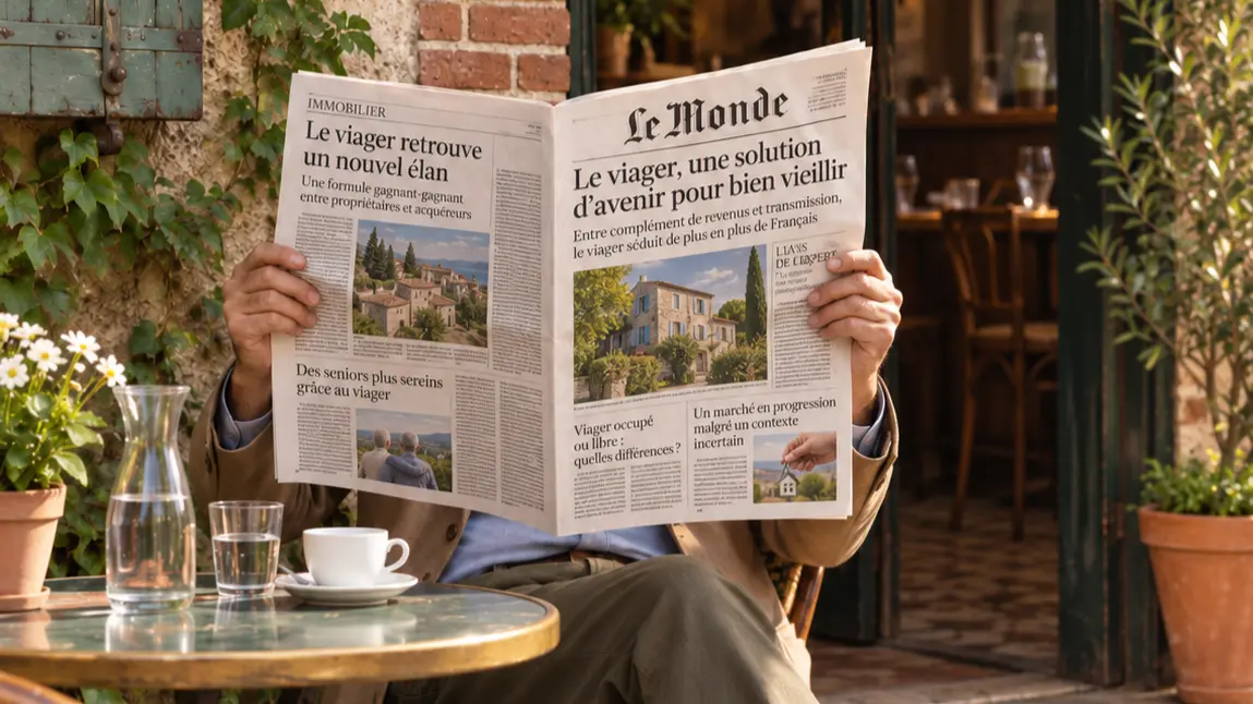 Lecteur consultant les actualit&eacute;s du viager dans un caf&eacute;