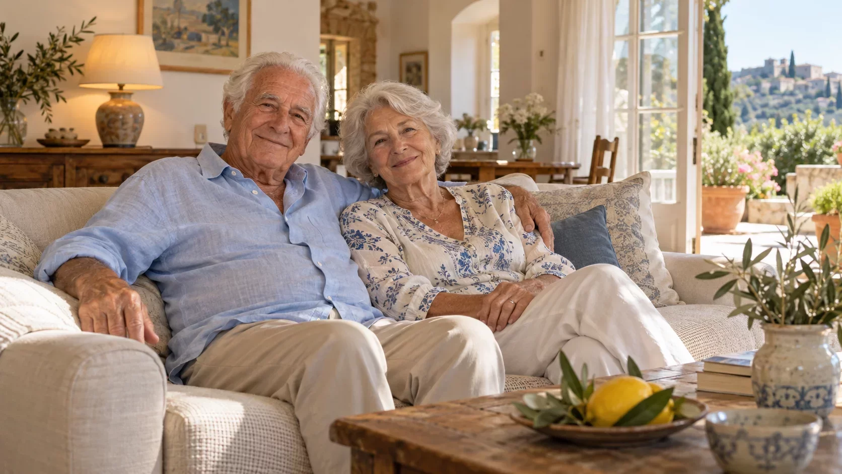 Couple de seniors chez lui, dans son salon