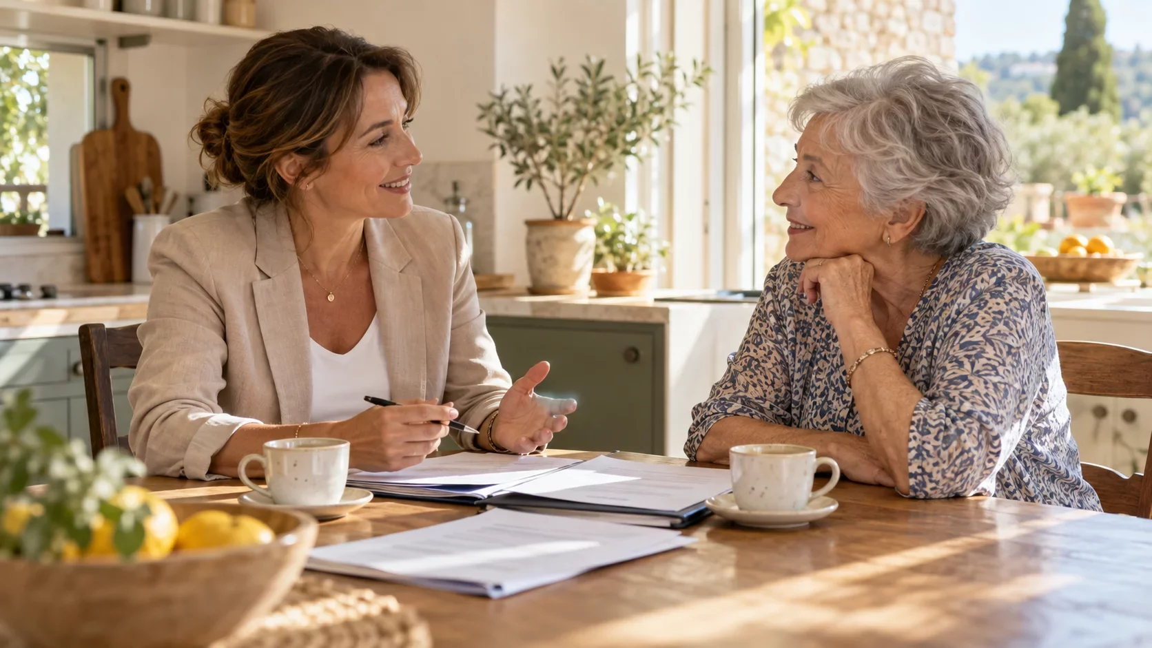 Rendez-vous entre une conseillère en viager et un vendeur autour d'un café
