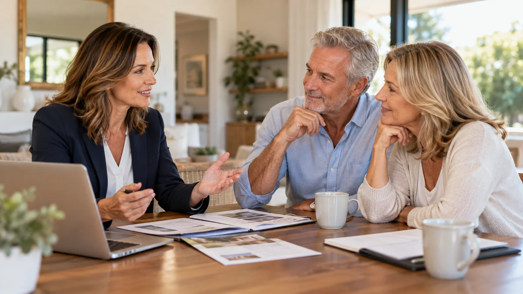 Rendez-vous entre une conseill&egrave;re immobili&egrave;re et un couple autour d'une table