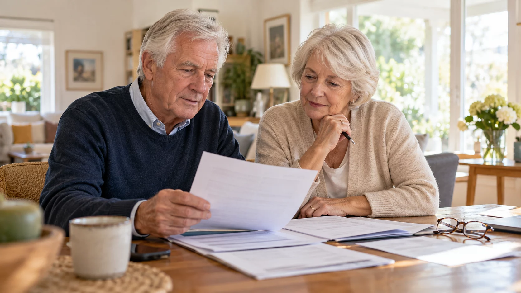 Un couple de seniors consulte des documents &agrave; la table du salon
